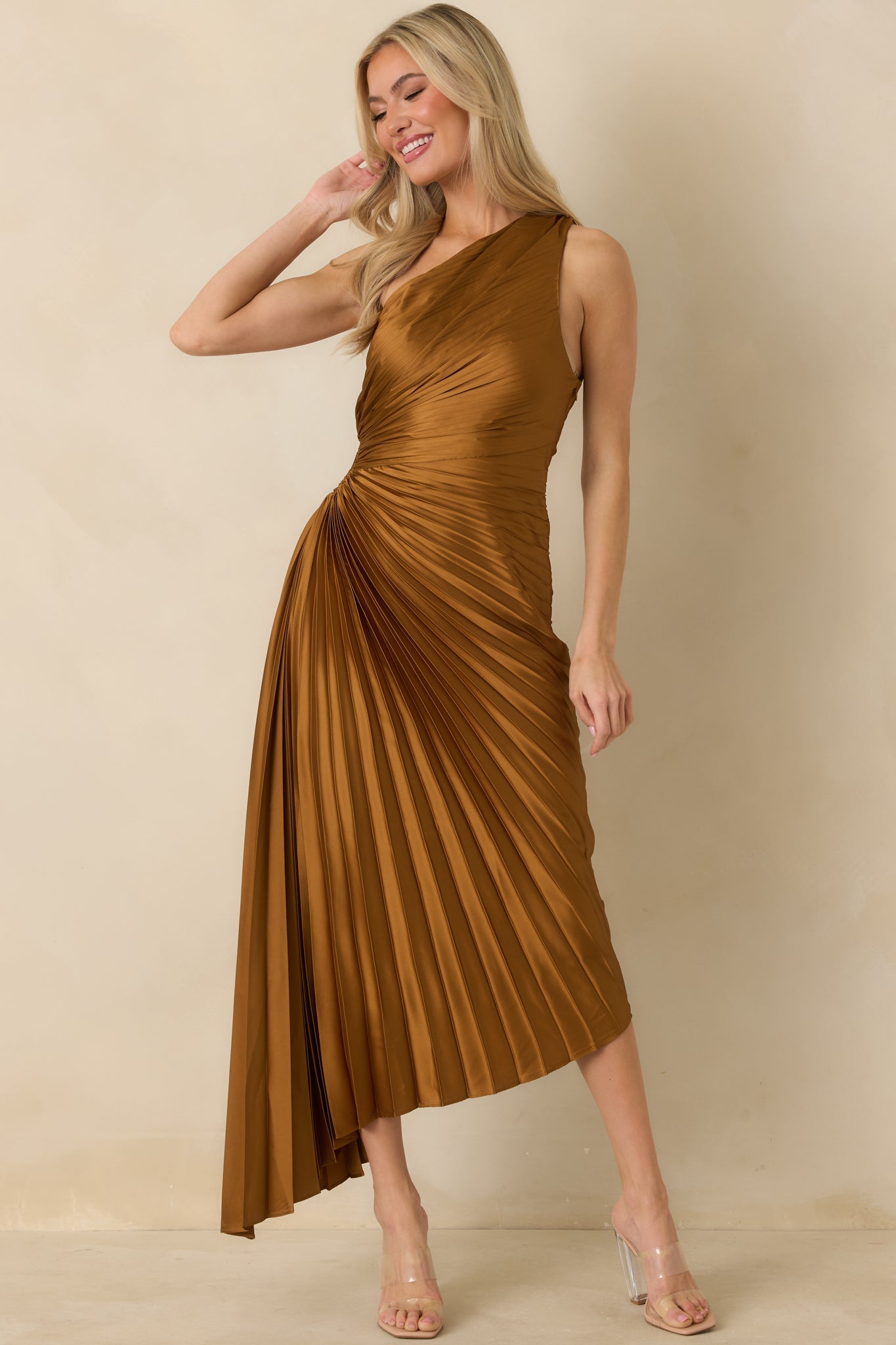 Poetic Charm Bronze Asymmetric One Shoulder Maxi Dress