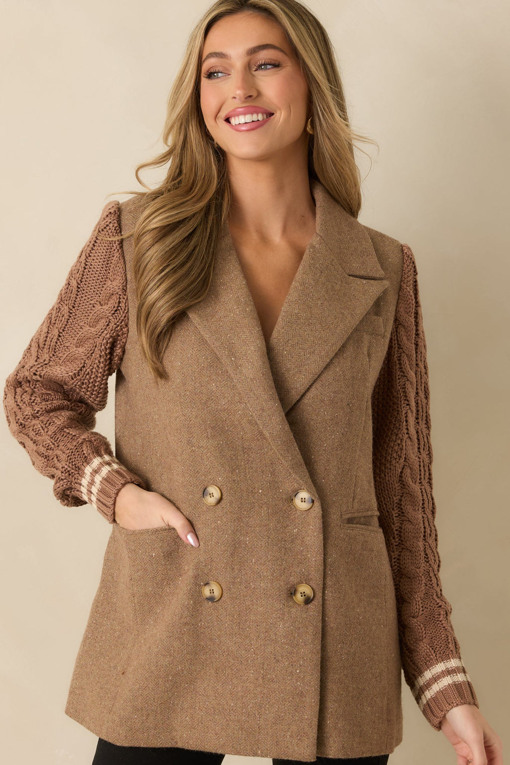 Well Suited Camel Wool Blend Knit Sweater Sleeve Blazer