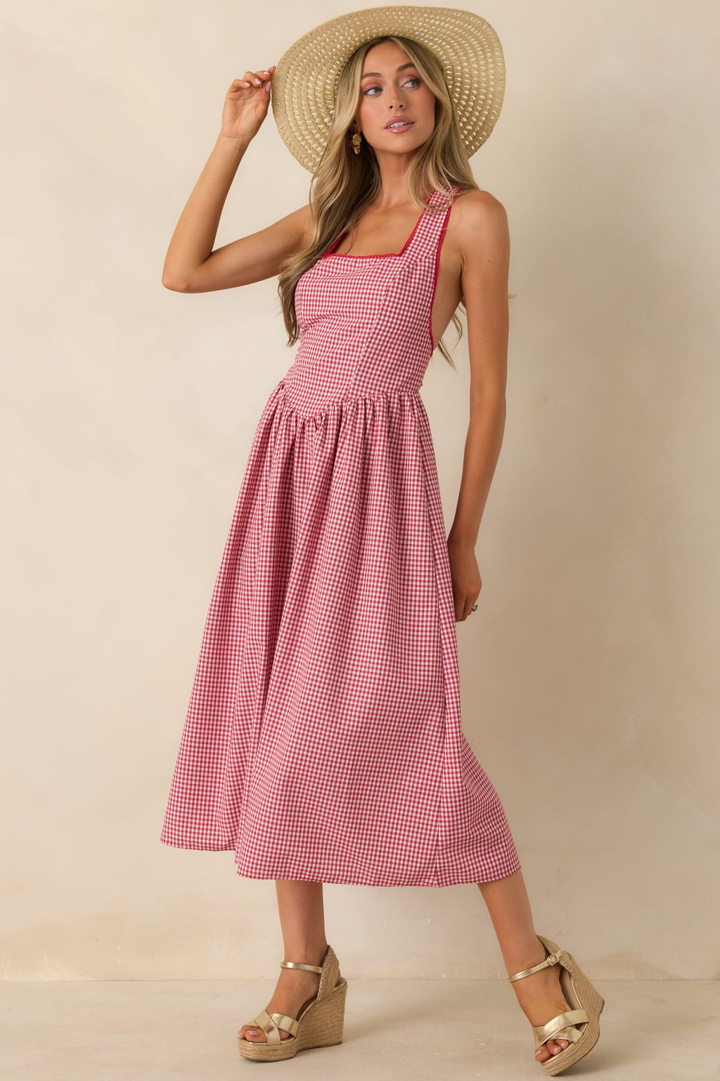 Just Because I Can Red Gingham Open Back Tie Maxi Dress