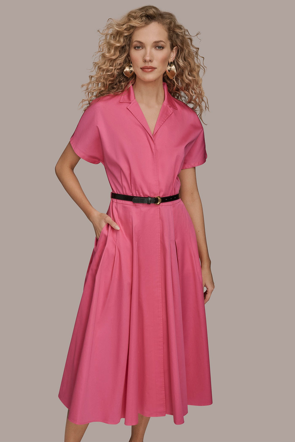 SHORT SLEEVE BUTTON-FRONT SHIRT DRESS