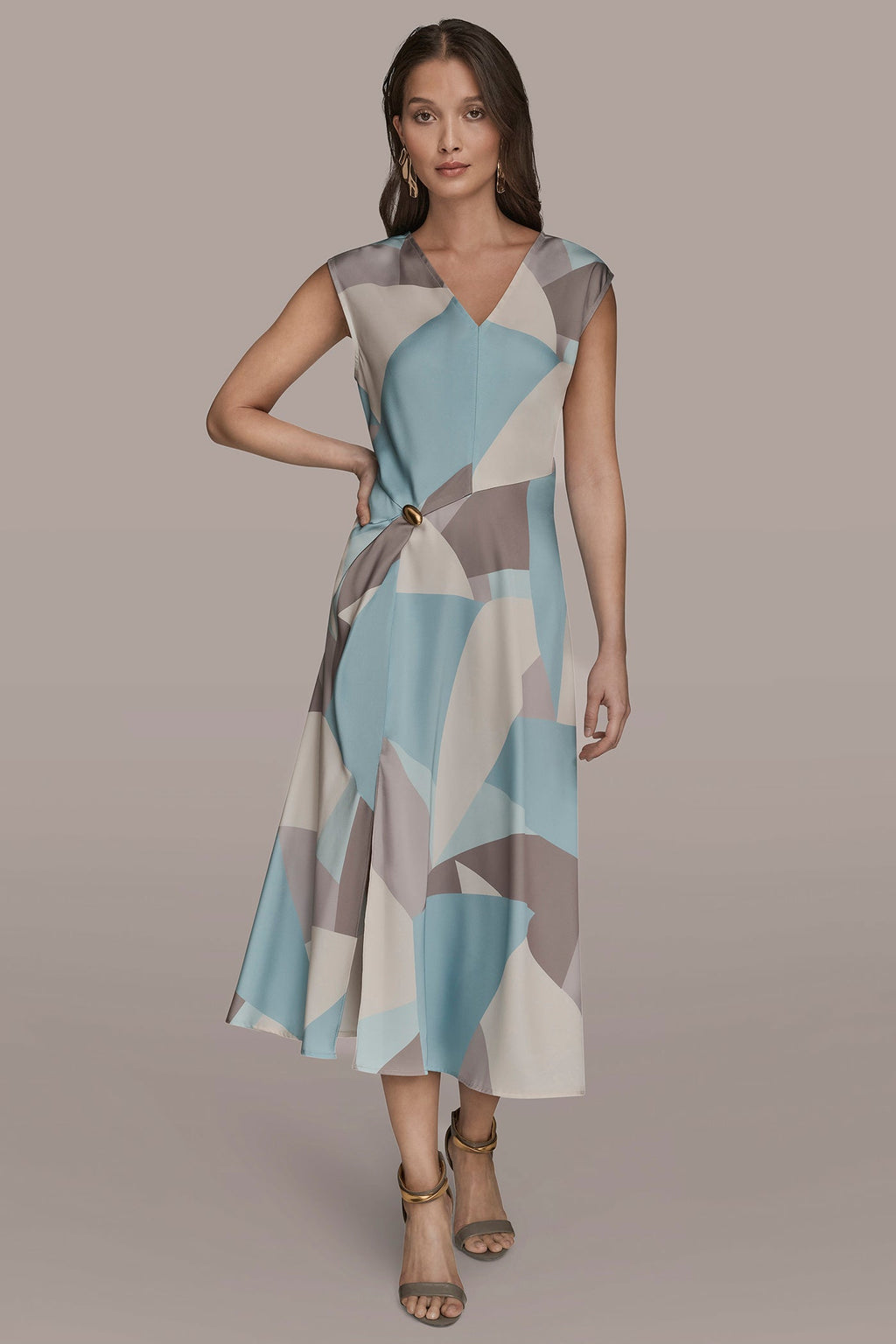 CAP SLEEVE V-NECK PRINTED MIDI DRESS