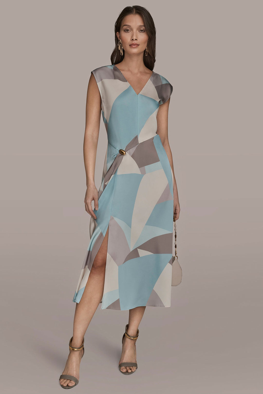 CAP SLEEVE V-NECK PRINTED MIDI DRESS