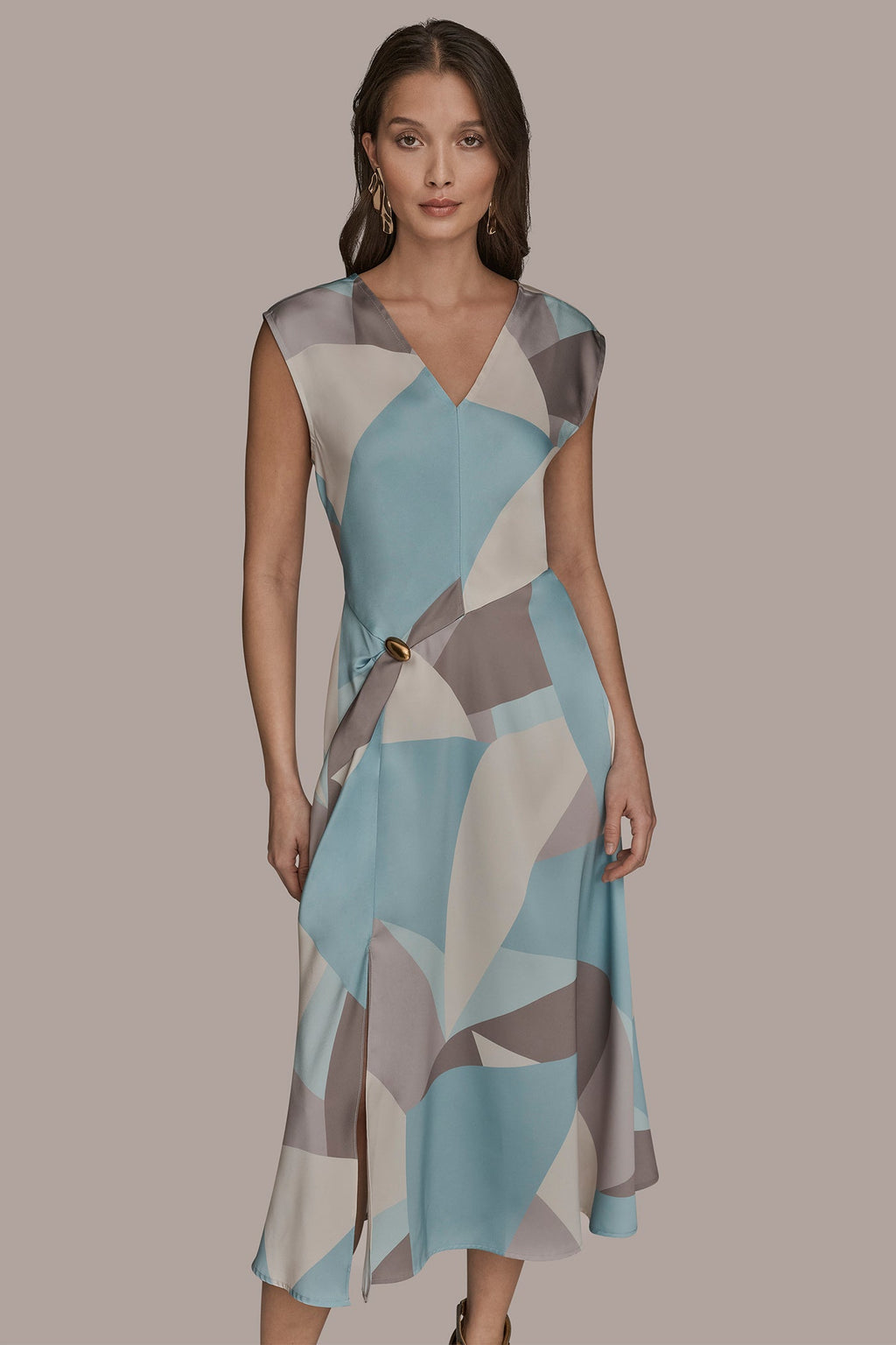 CAP SLEEVE V-NECK PRINTED MIDI DRESS