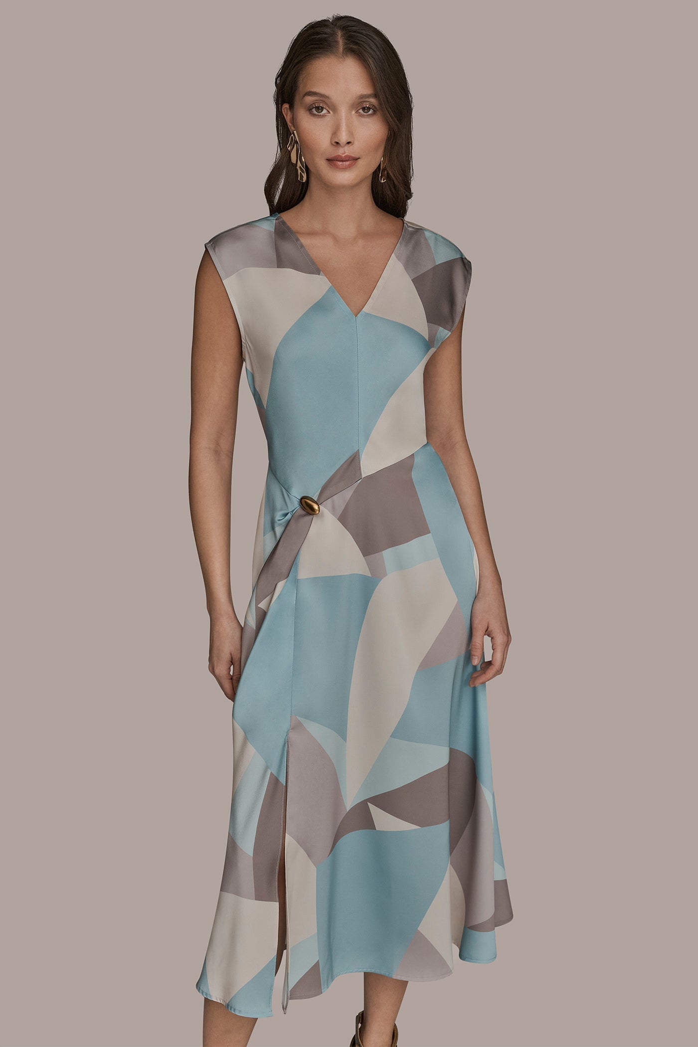 CAP SLEEVE V-NECK PRINTED MIDI DRESS