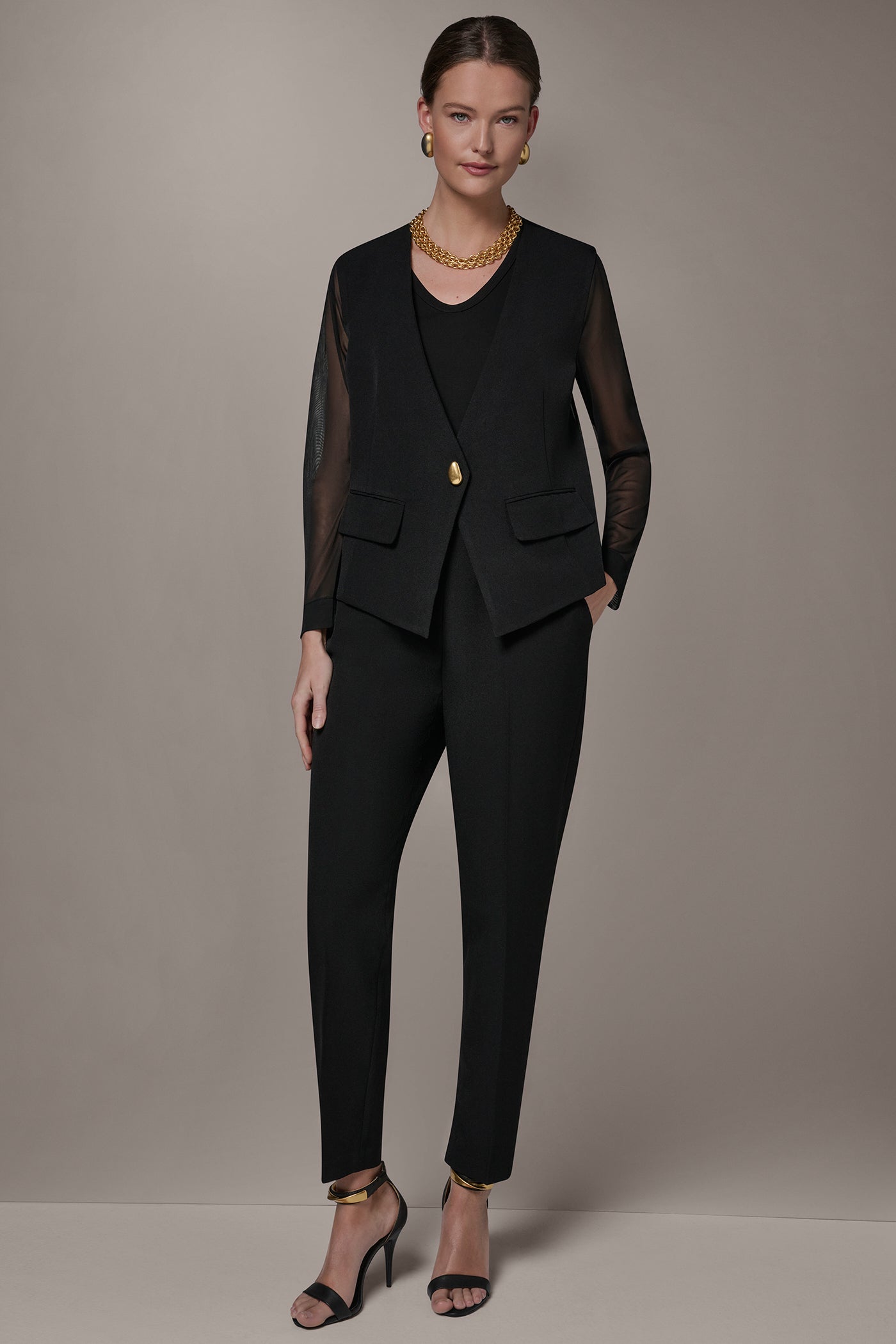 CHIFFON PANELED ONE BUTTON JACKET