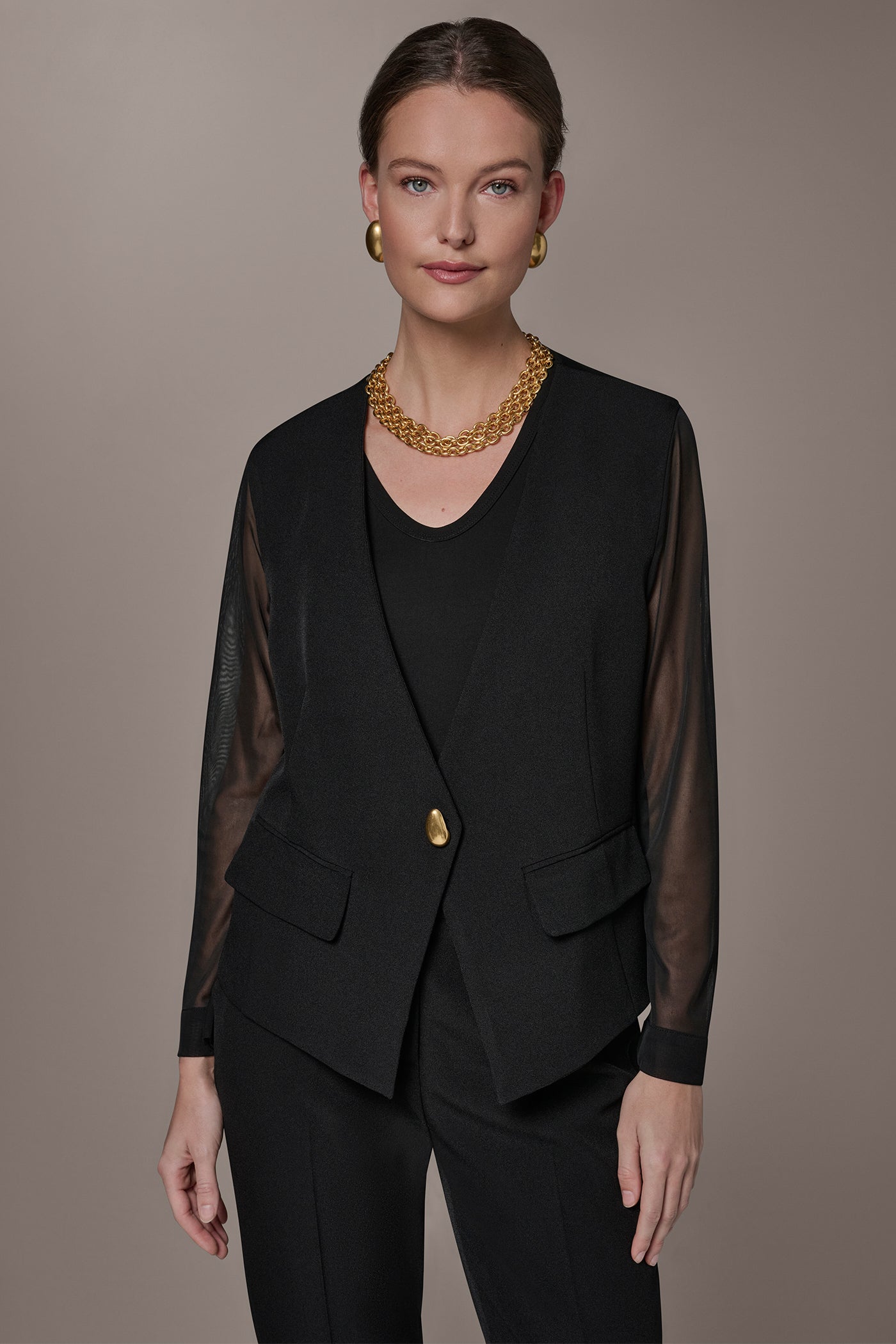 CHIFFON PANELED ONE BUTTON JACKET