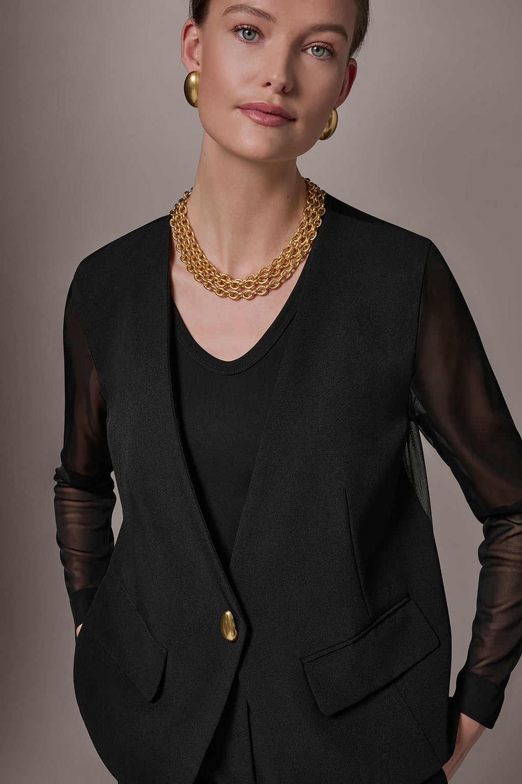 CHIFFON PANELED ONE BUTTON JACKET