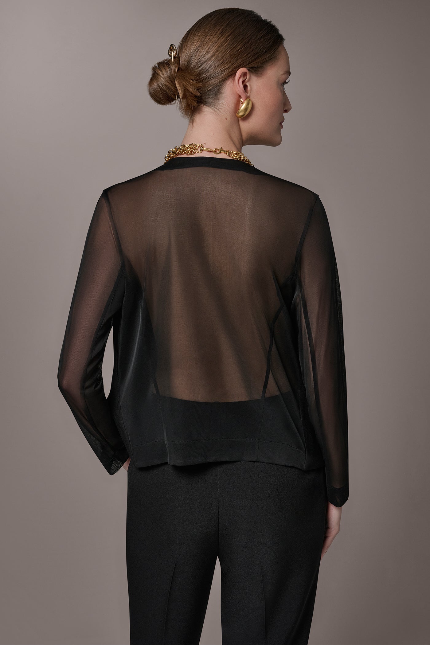 CHIFFON PANELED ONE BUTTON JACKET