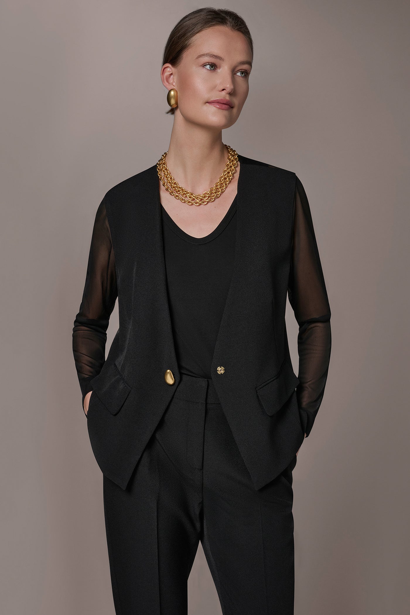 CHIFFON PANELED ONE BUTTON JACKET