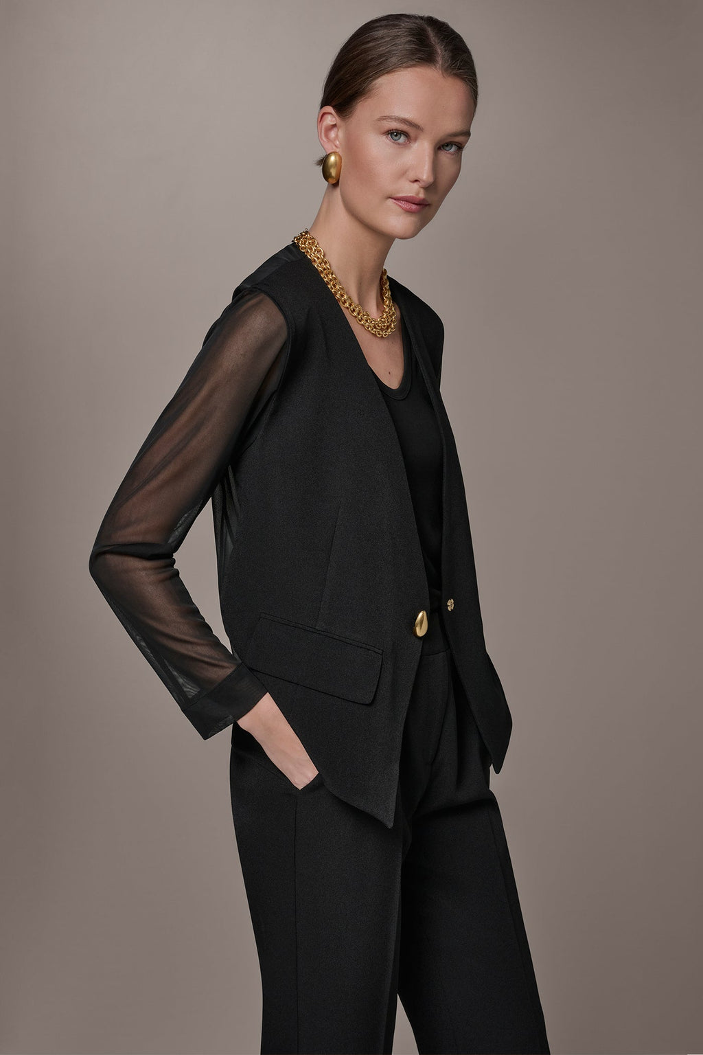CHIFFON PANELED ONE BUTTON JACKET