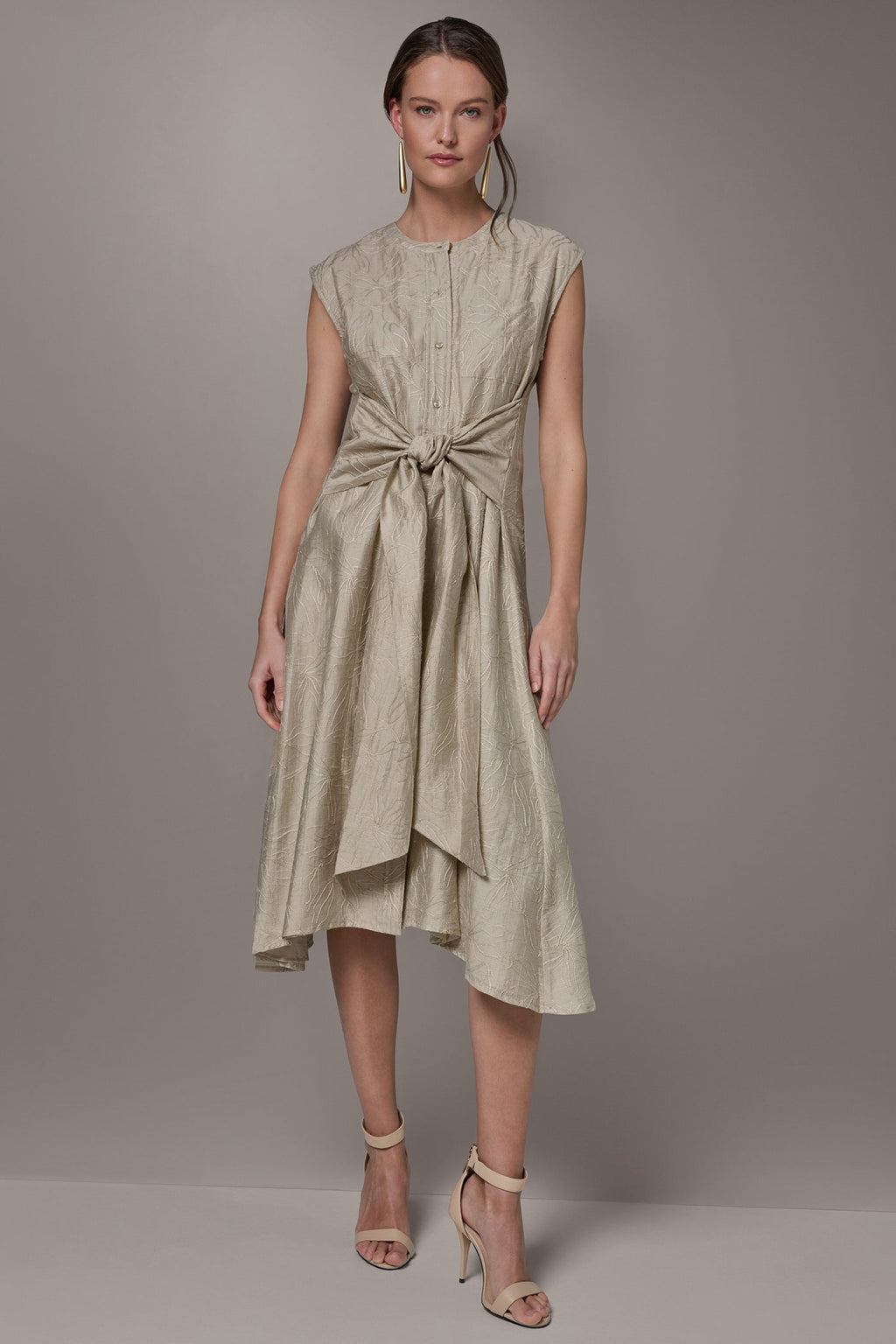 EMBROIDERED TIE-FRONT MIDI DRESS