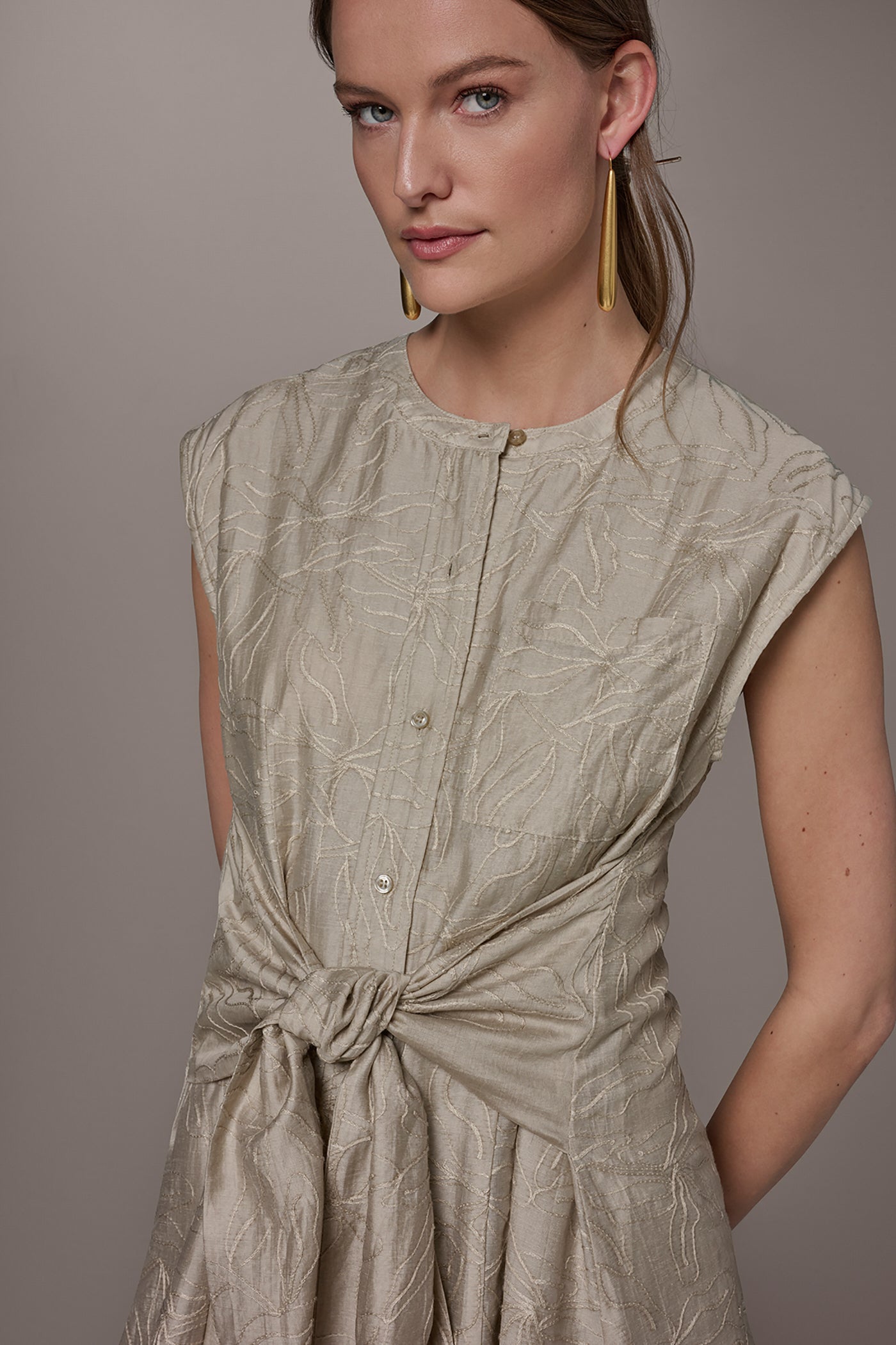 EMBROIDERED TIE-FRONT MIDI DRESS
