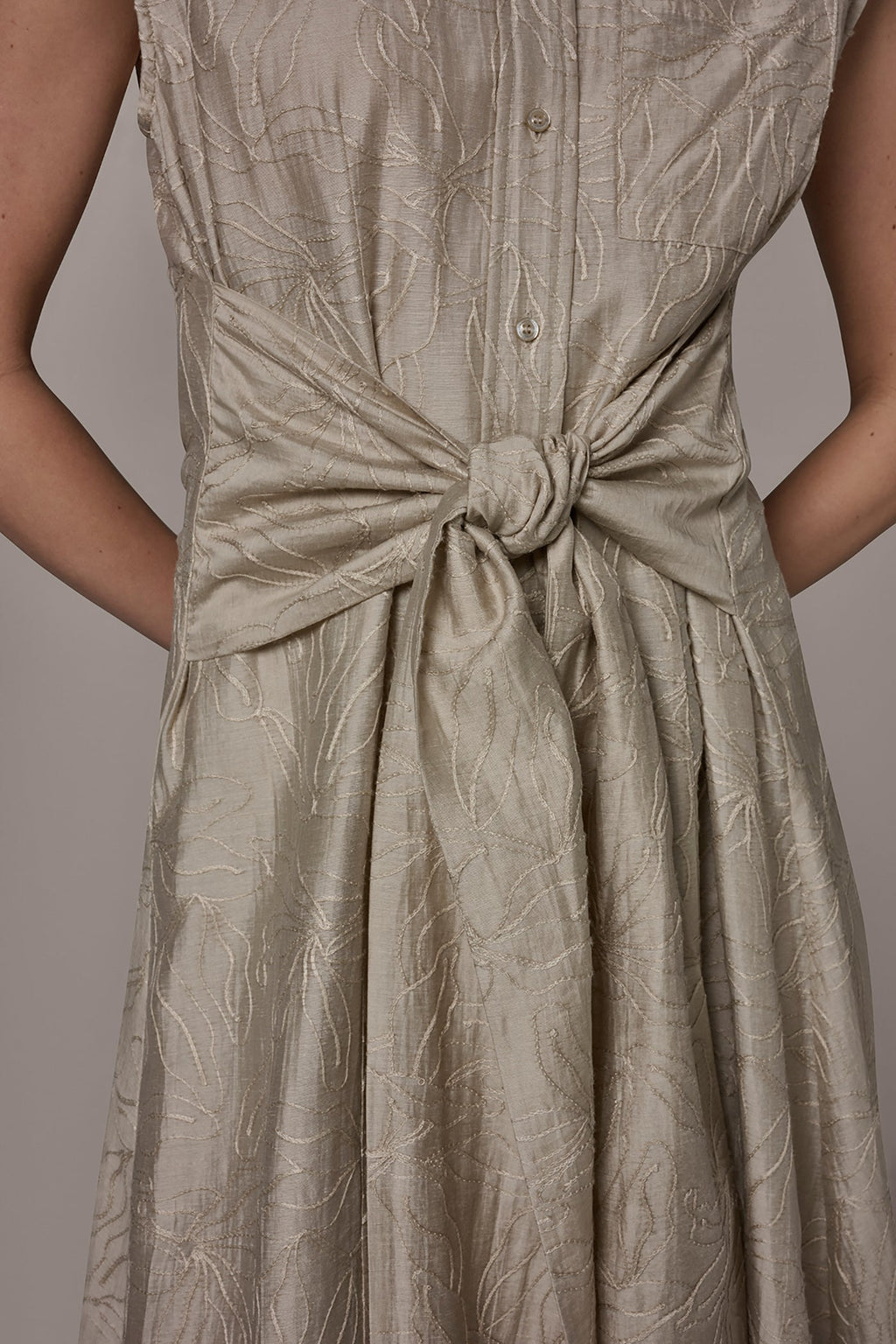 EMBROIDERED TIE-FRONT MIDI DRESS