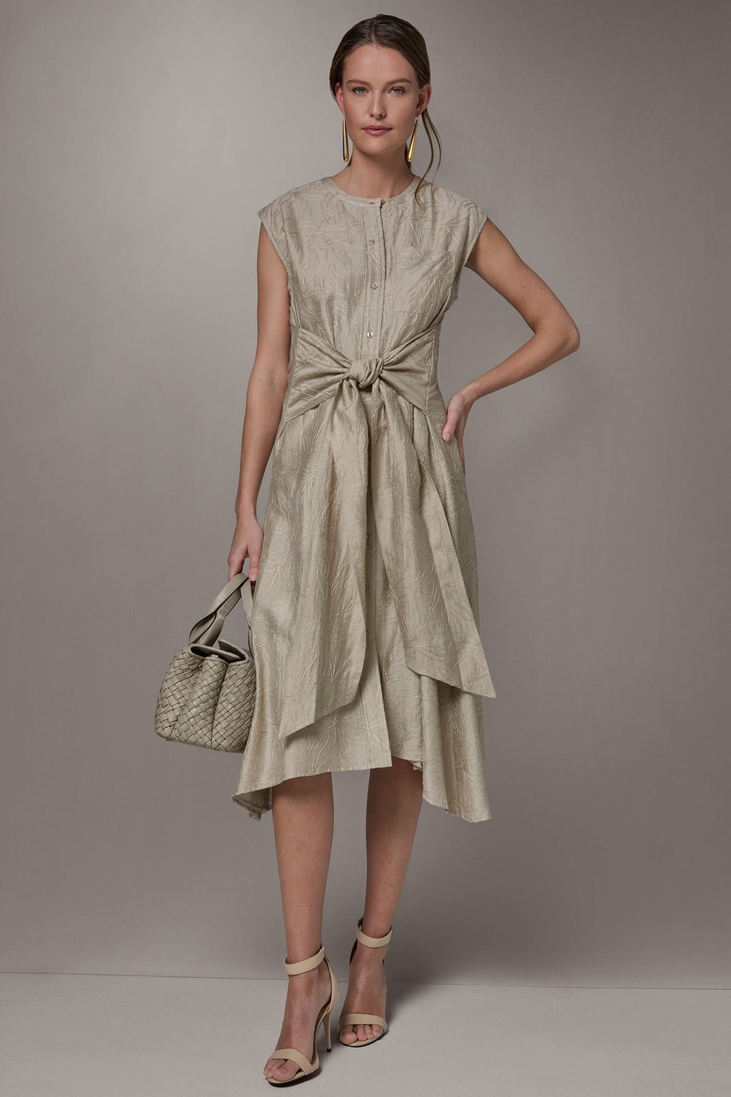 EMBROIDERED TIE-FRONT MIDI DRESS