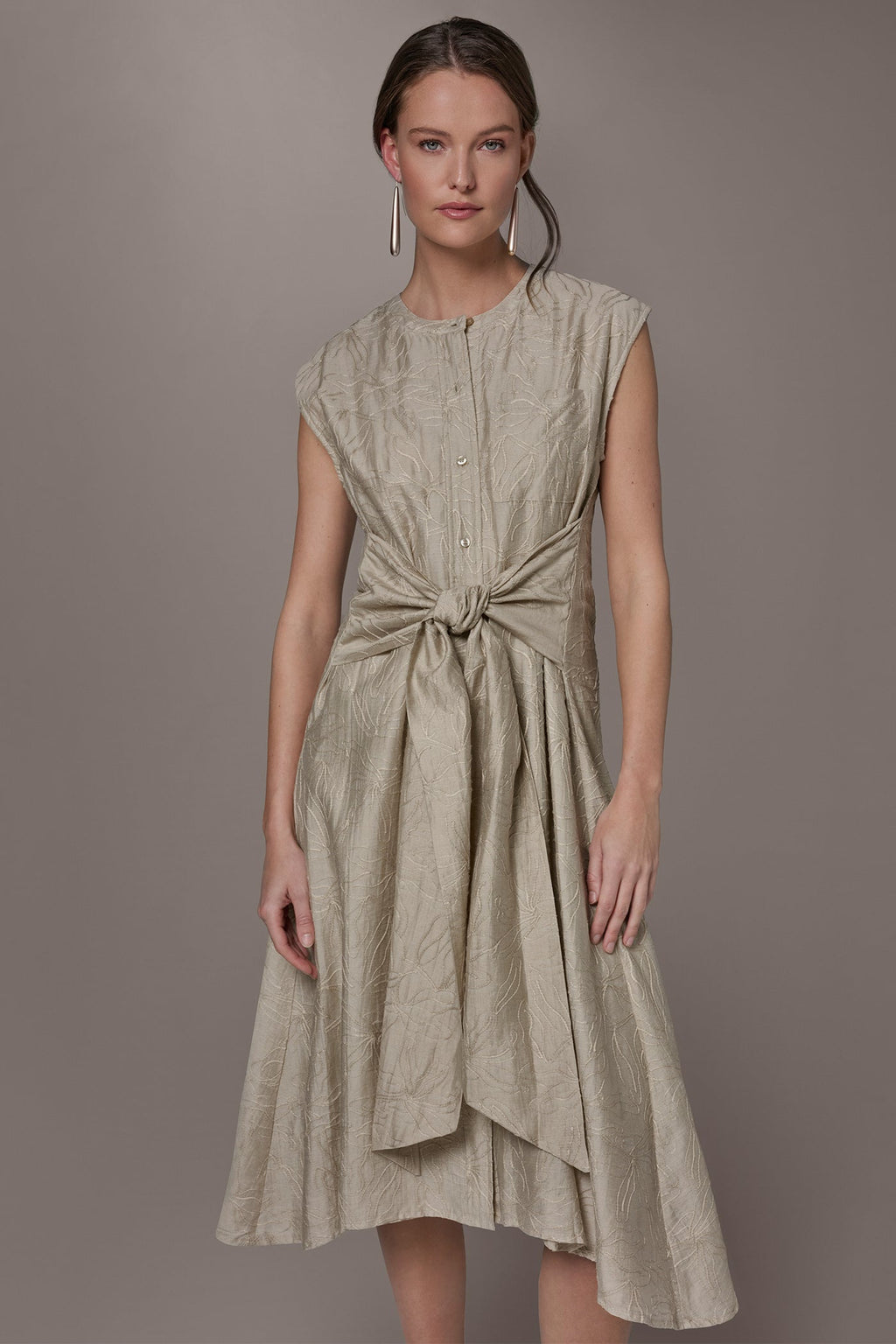 EMBROIDERED TIE-FRONT MIDI DRESS