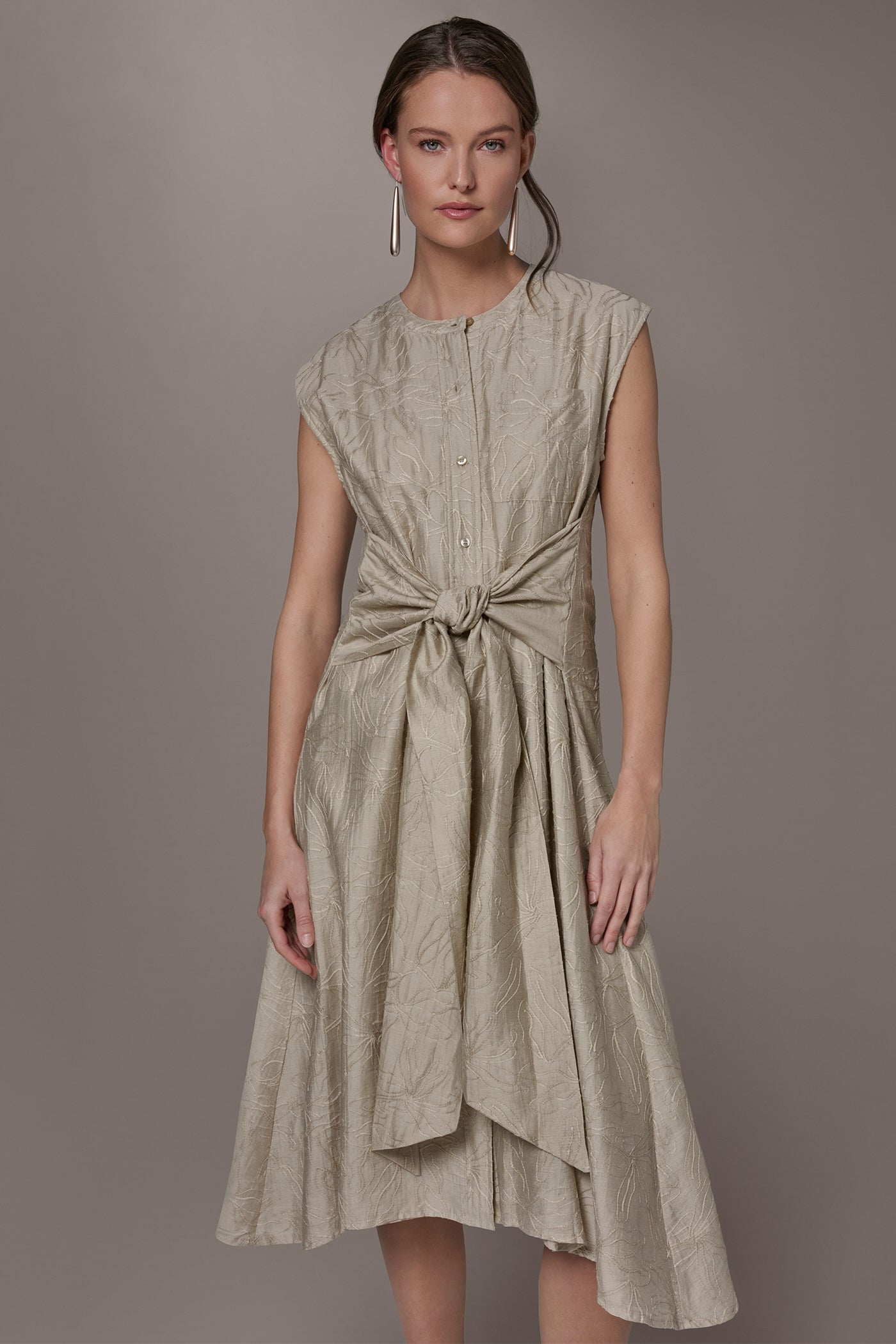 EMBROIDERED TIE-FRONT MIDI DRESS
