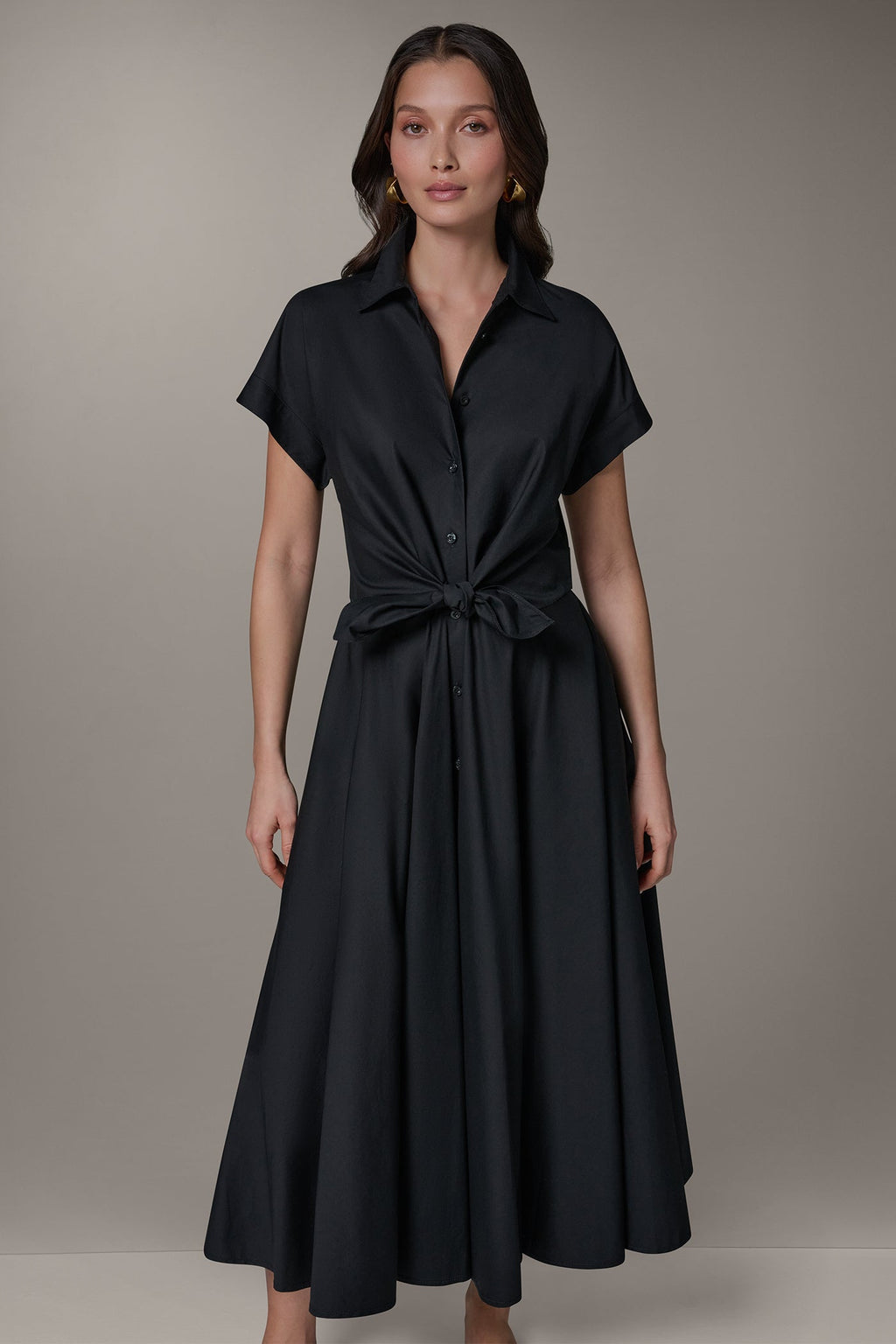 SHORT SLEEVE TIE FRONT MAXI SHIRT DRESS