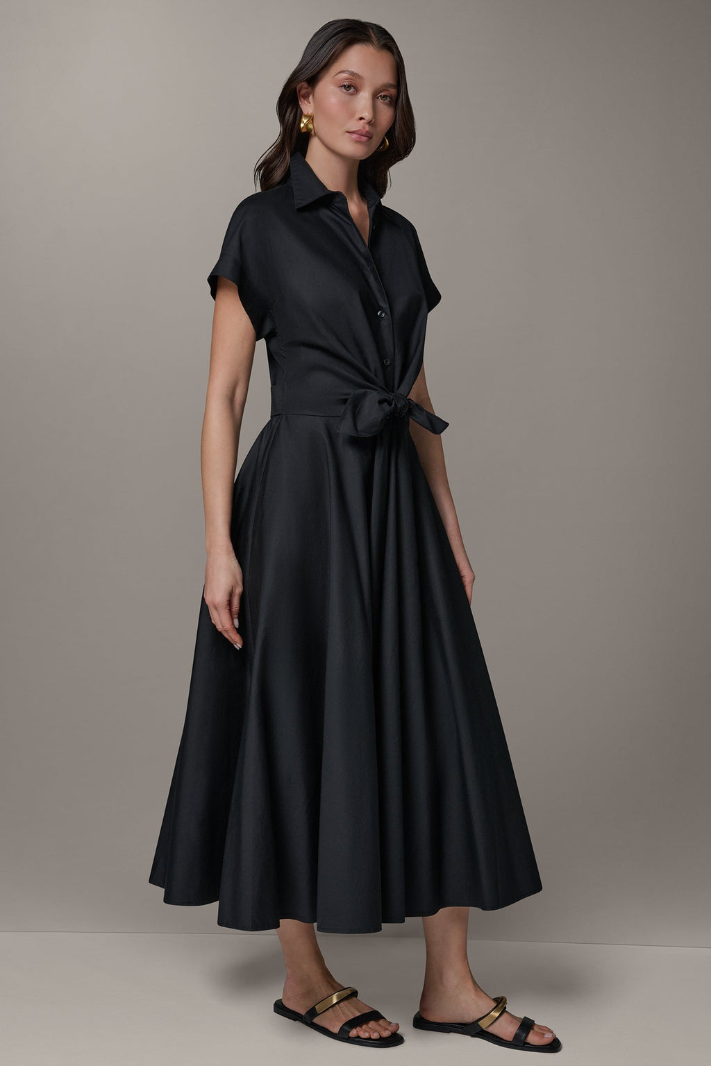 SHORT SLEEVE TIE FRONT MAXI SHIRT DRESS