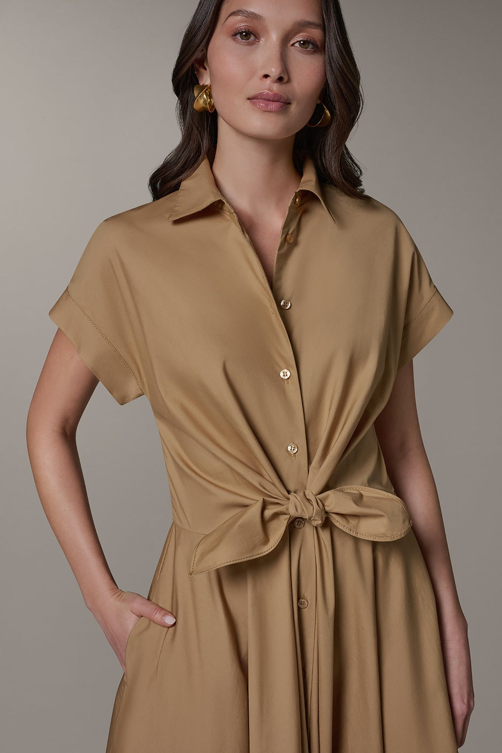 SHORT SLEEVE TIE FRONT MAXI SHIRT DRESS