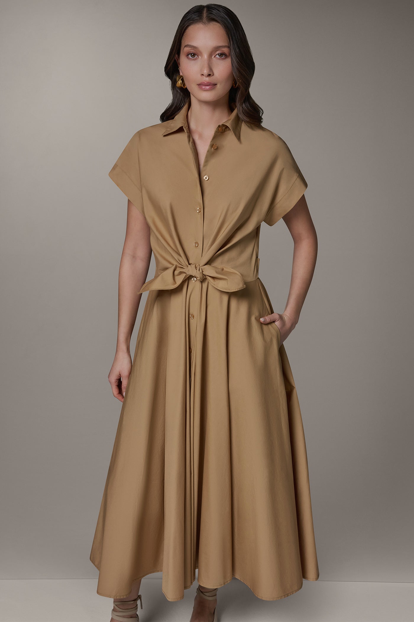 SHORT SLEEVE TIE FRONT MAXI SHIRT DRESS