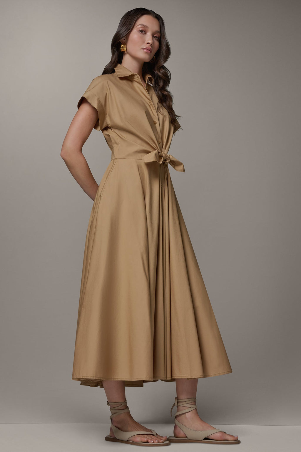 SHORT SLEEVE TIE FRONT MAXI SHIRT DRESS