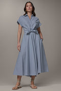SHORT SLEEVE STRIPE TIE FRONT MAXI SHIRT DRESS