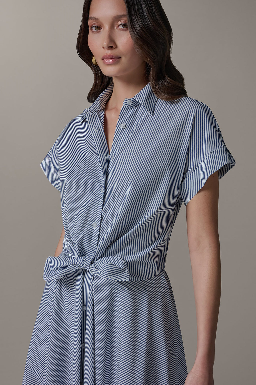 SHORT SLEEVE STRIPE TIE FRONT MAXI SHIRT DRESS