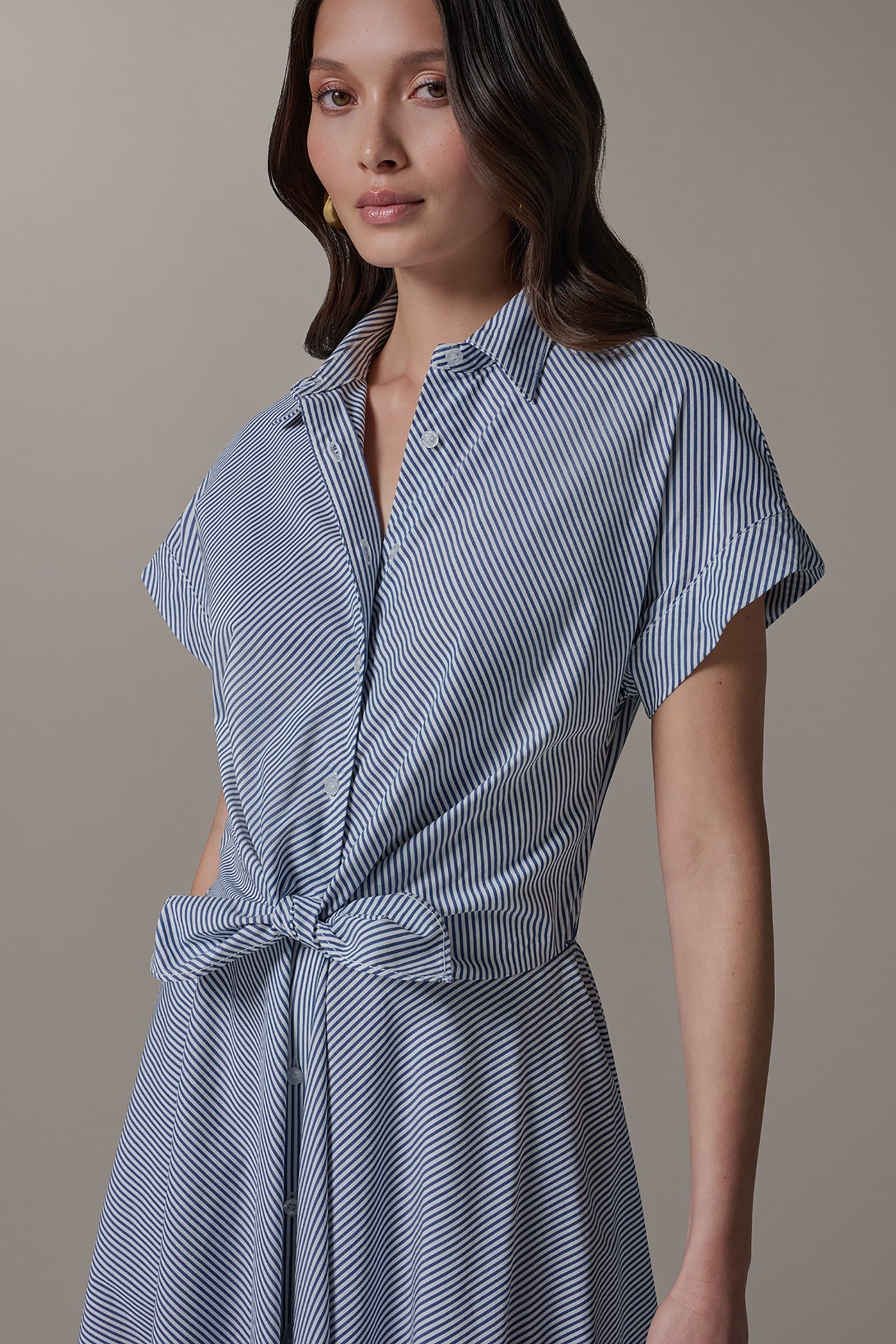 SHORT SLEEVE STRIPE TIE FRONT MAXI SHIRT DRESS