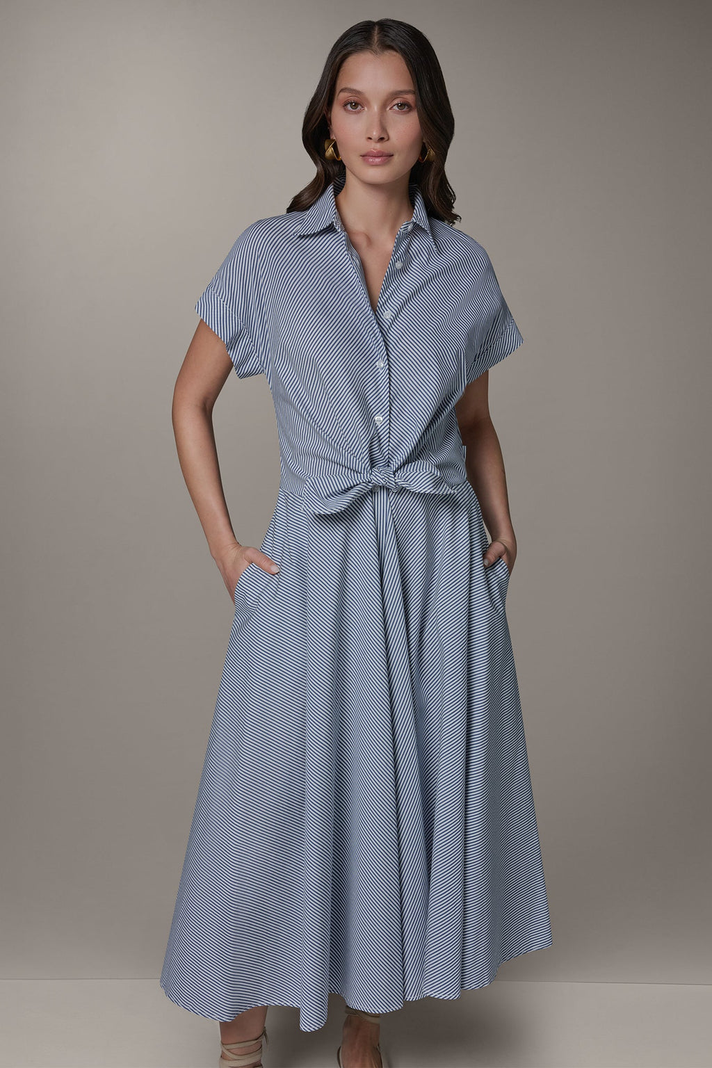 SHORT SLEEVE STRIPE TIE FRONT MAXI SHIRT DRESS
