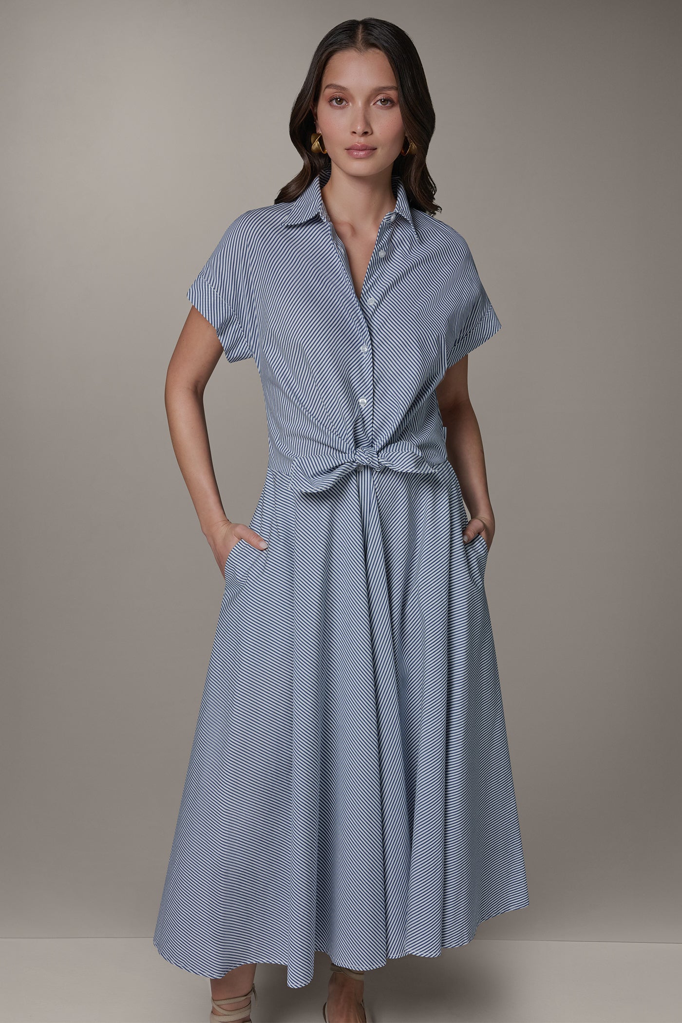 SHORT SLEEVE STRIPE TIE FRONT MAXI SHIRT DRESS