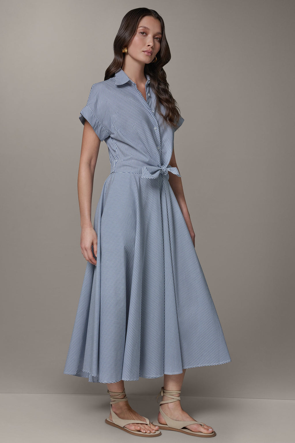 SHORT SLEEVE STRIPE TIE FRONT MAXI SHIRT DRESS