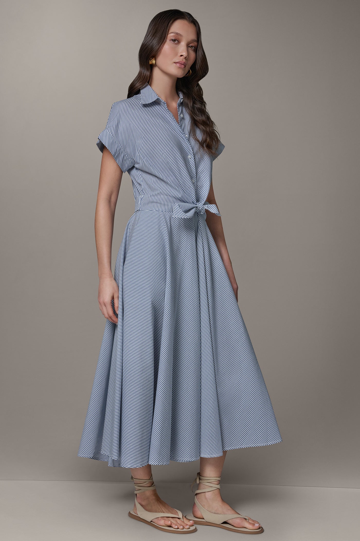 SHORT SLEEVE STRIPE TIE FRONT MAXI SHIRT DRESS