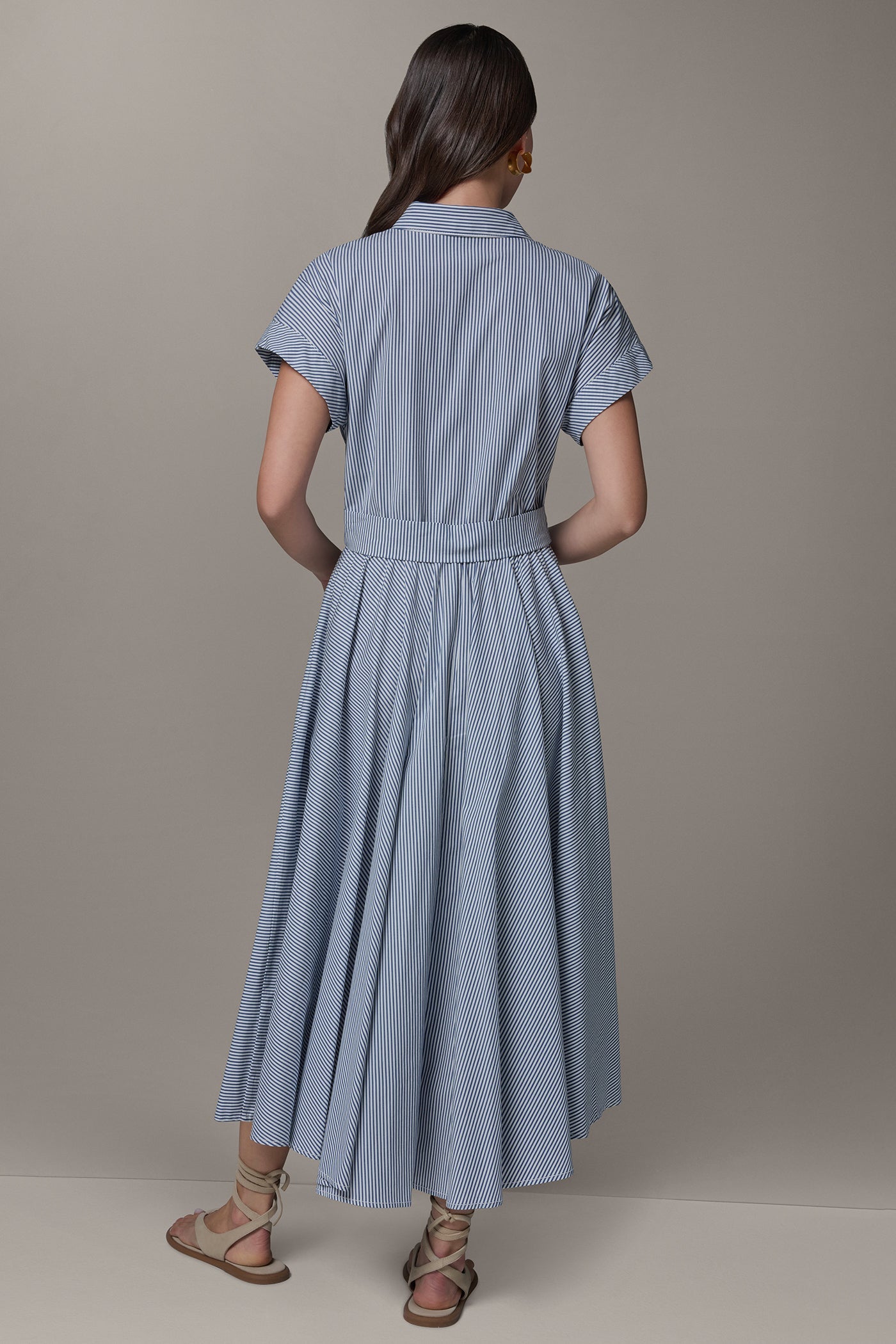 SHORT SLEEVE STRIPE TIE FRONT MAXI SHIRT DRESS