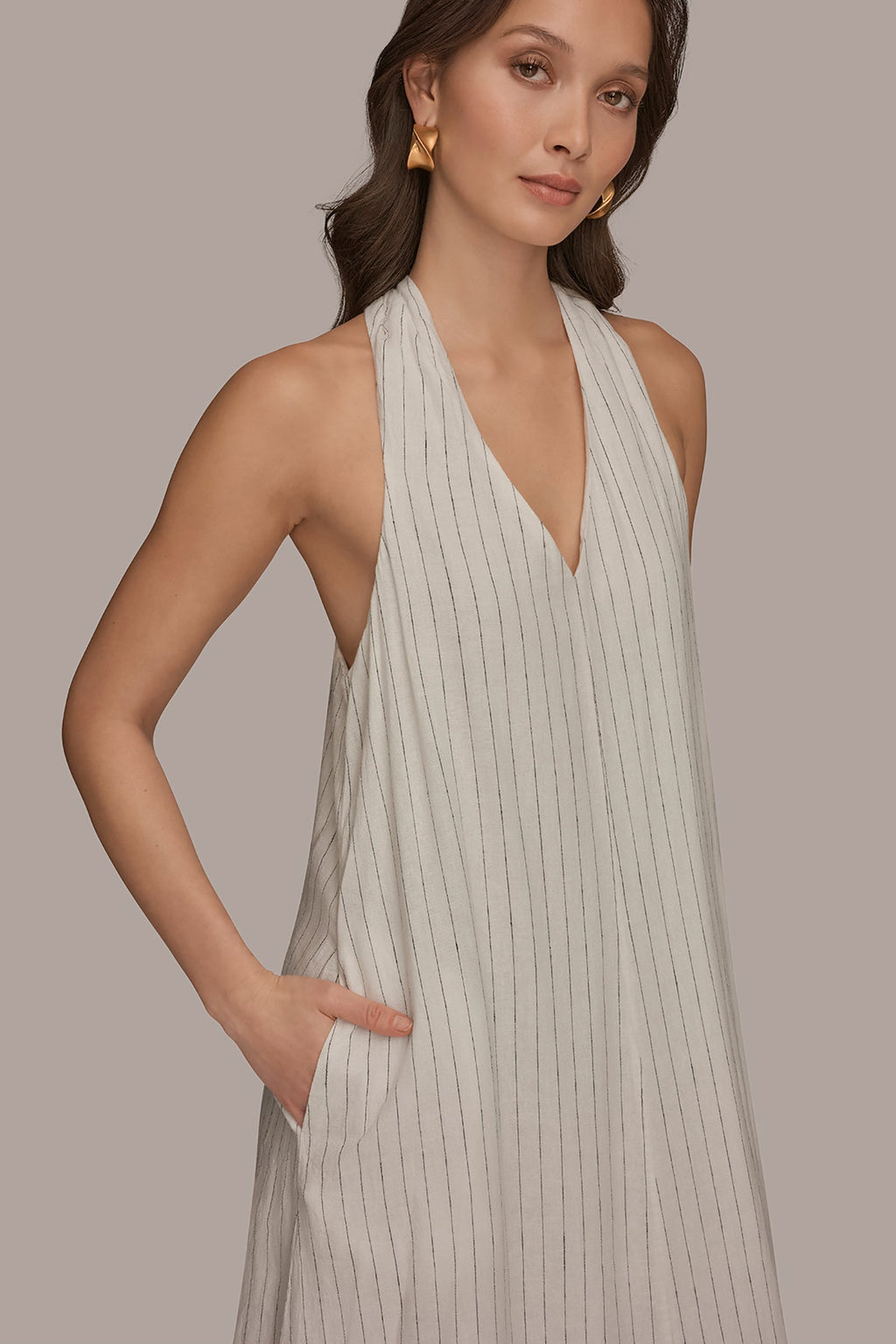 TWIST-BACK MIDI HALTER DRESS
