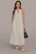 TWIST-BACK MIDI HALTER DRESS