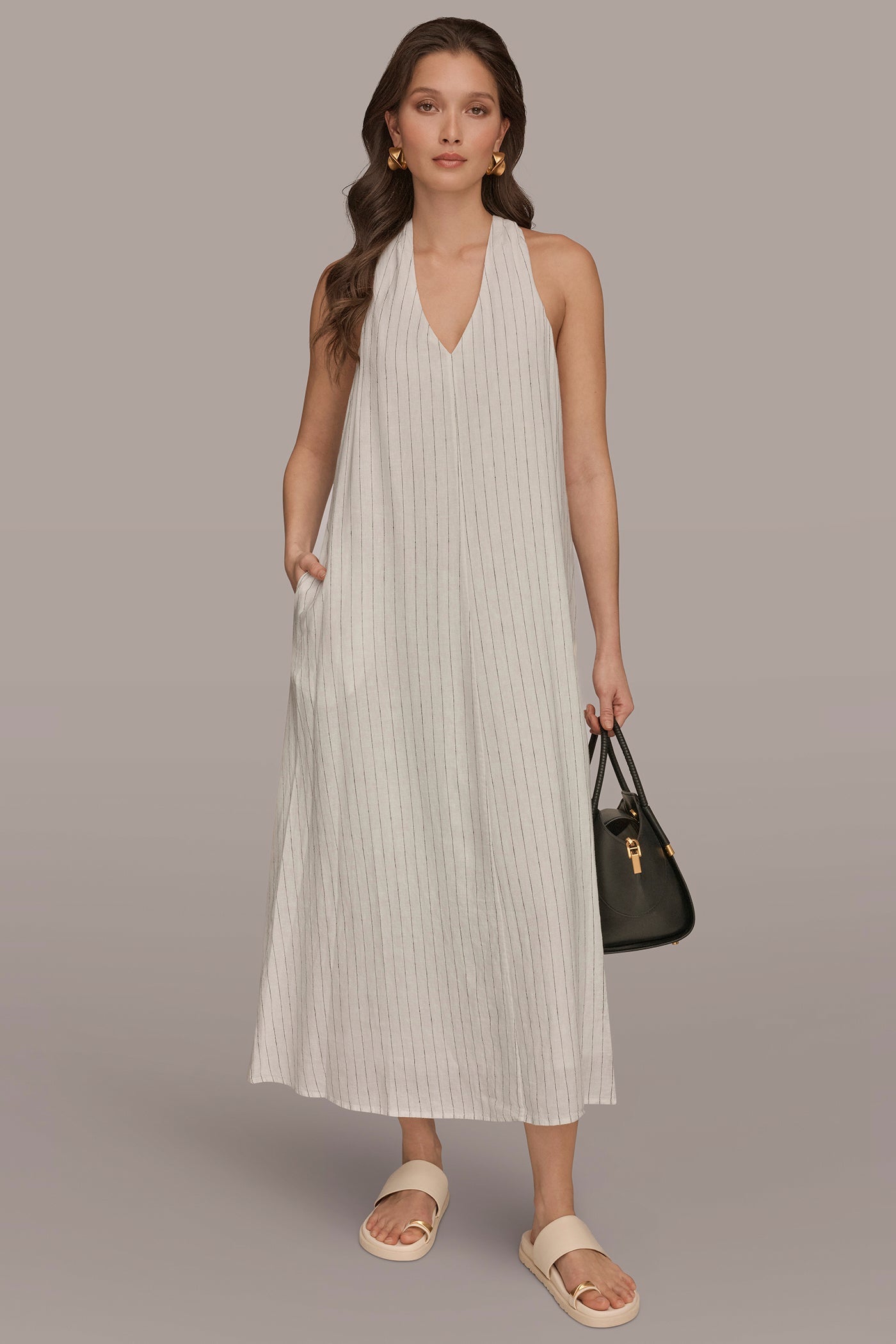 TWIST-BACK MIDI HALTER DRESS