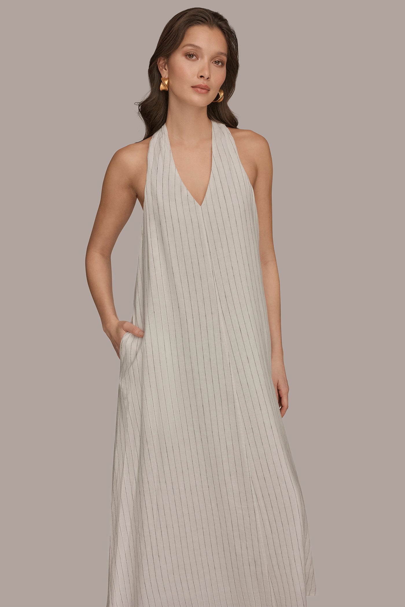 TWIST-BACK MIDI HALTER DRESS