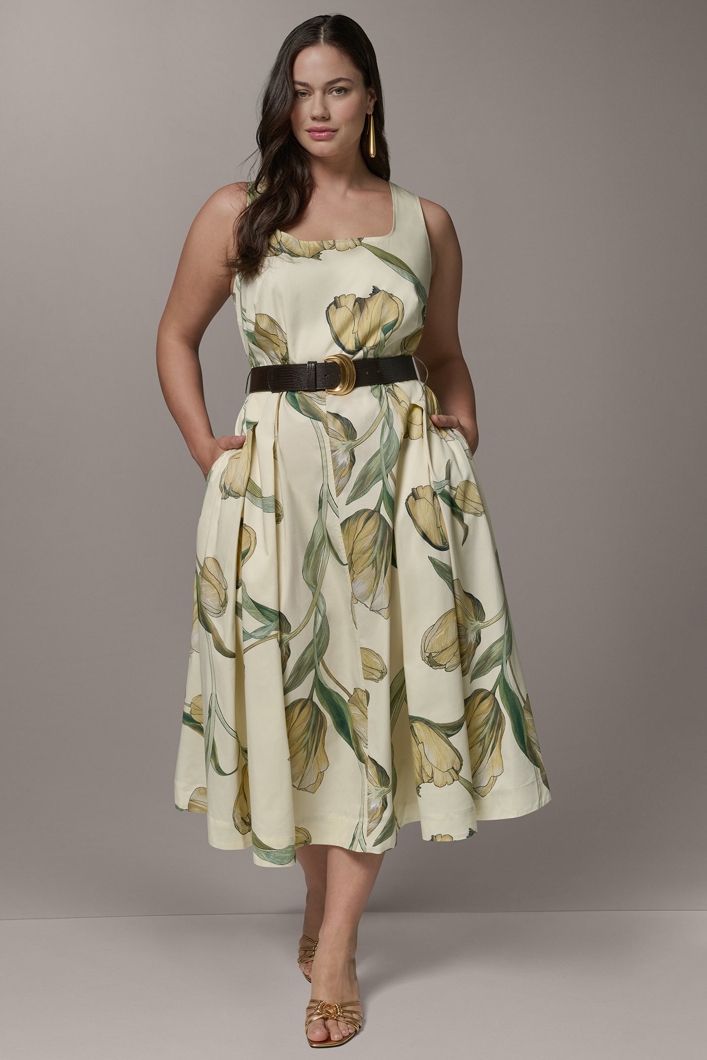 COTTON-SATEEN PRINTED MIDI A-LINE DRESS