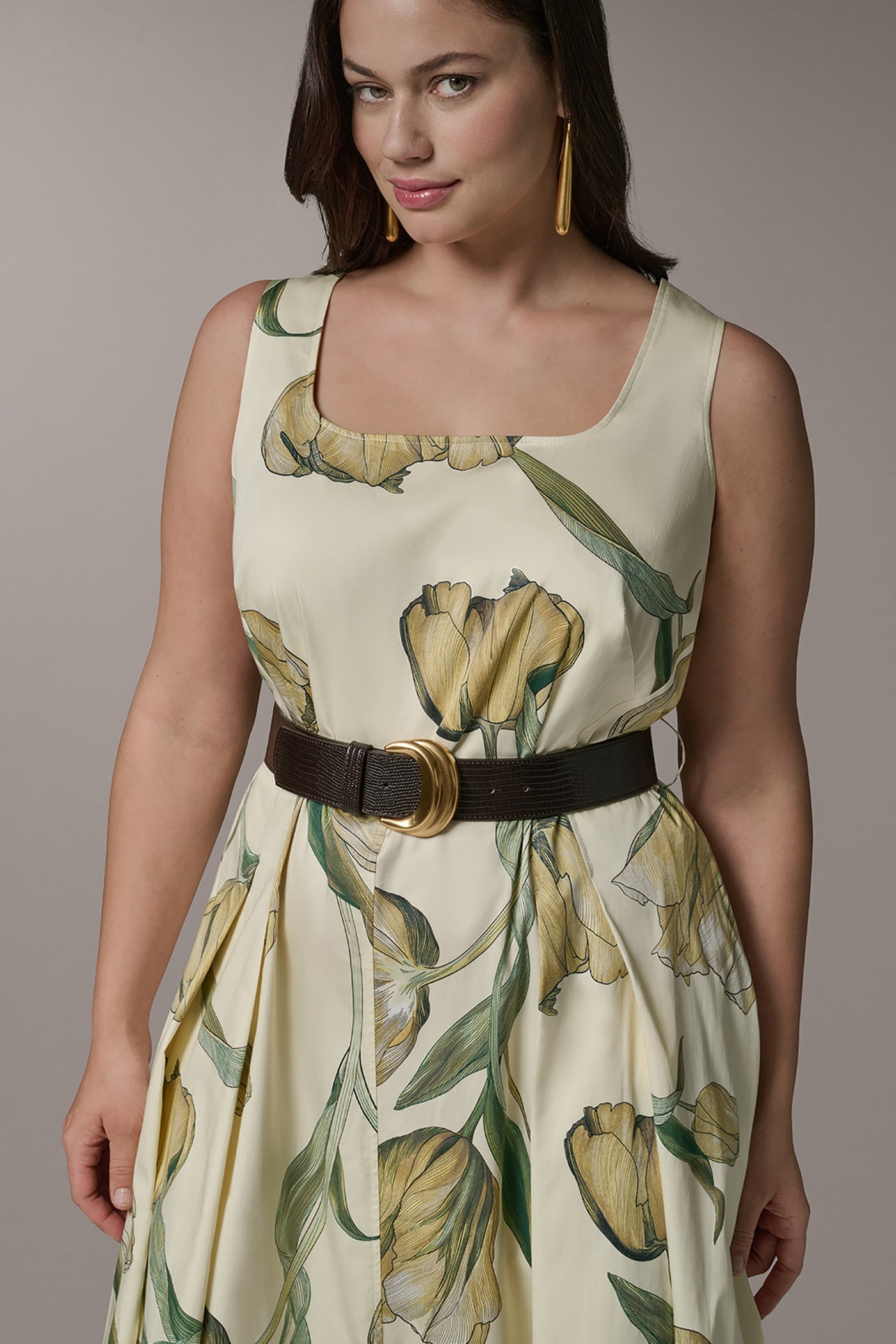 COTTON-SATEEN PRINTED MIDI A-LINE DRESS