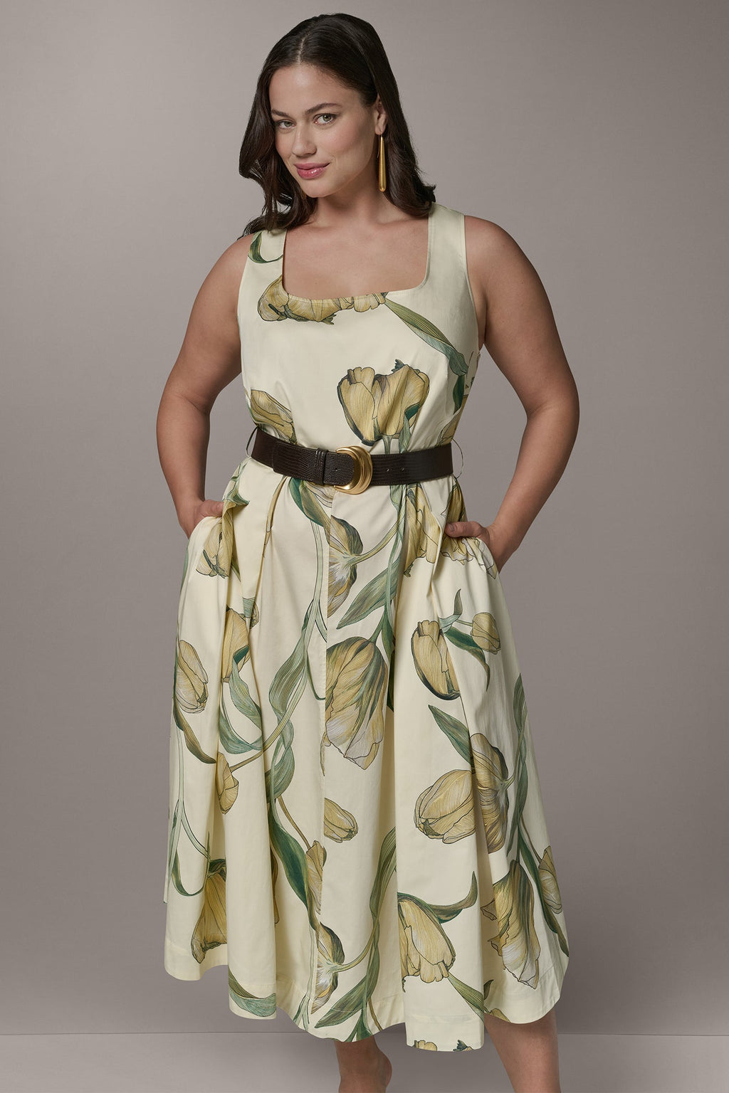 COTTON-SATEEN PRINTED MIDI A-LINE DRESS