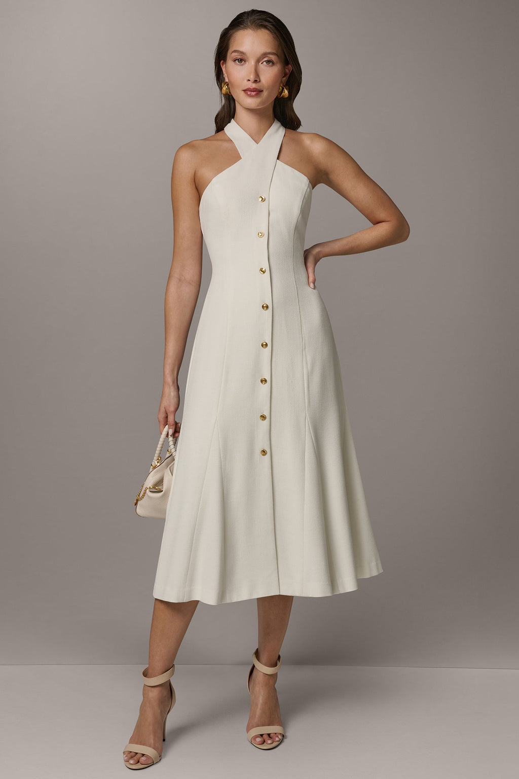 SLEEVELESS CROSS-FRONT MIDI HALTER DRESS
