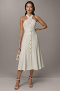 SLEEVELESS CROSS-FRONT MIDI HALTER DRESS