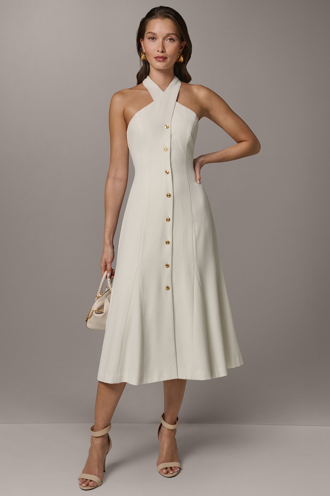 SLEEVELESS CROSS-FRONT MIDI HALTER DRESS