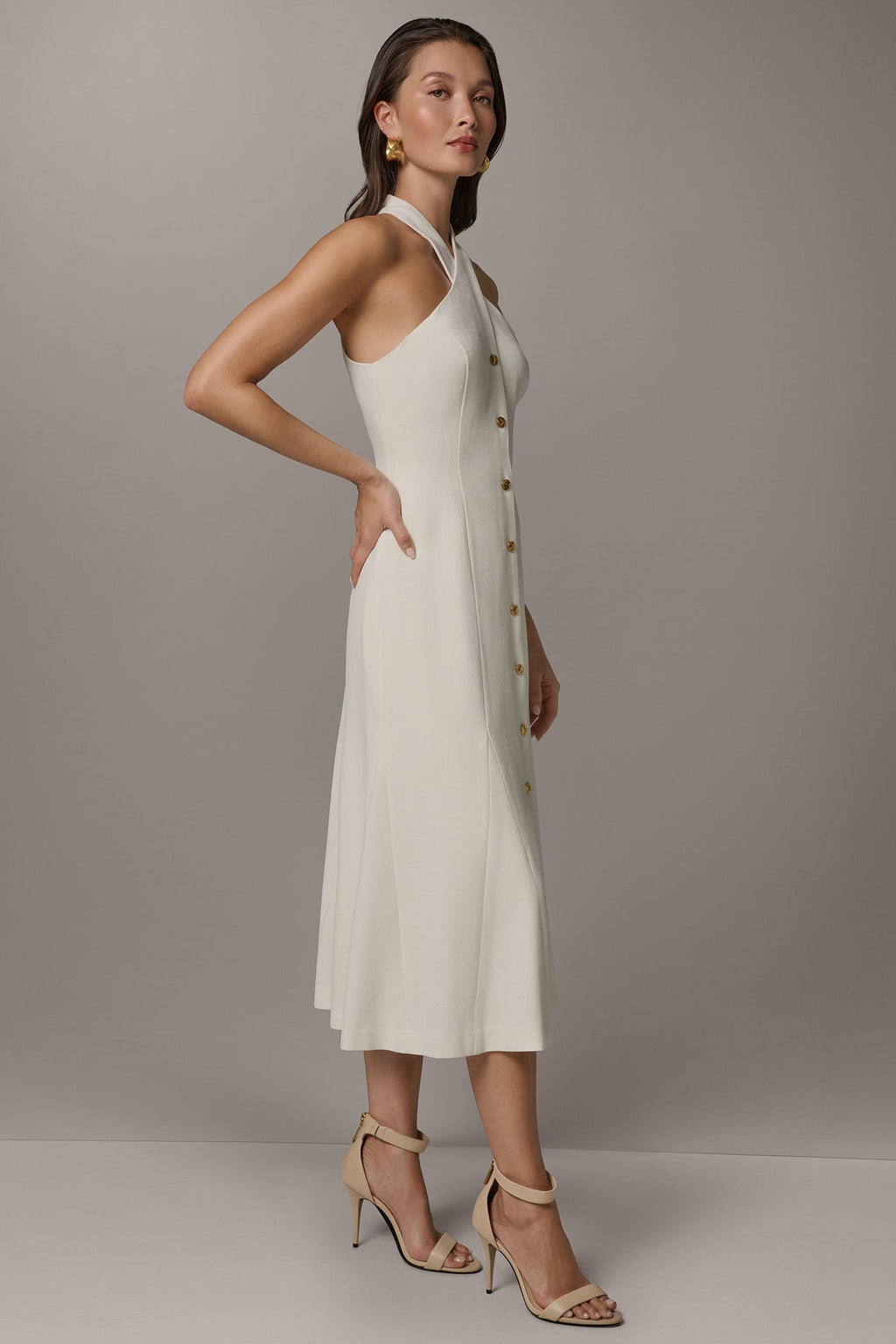 SLEEVELESS CROSS-FRONT MIDI HALTER DRESS