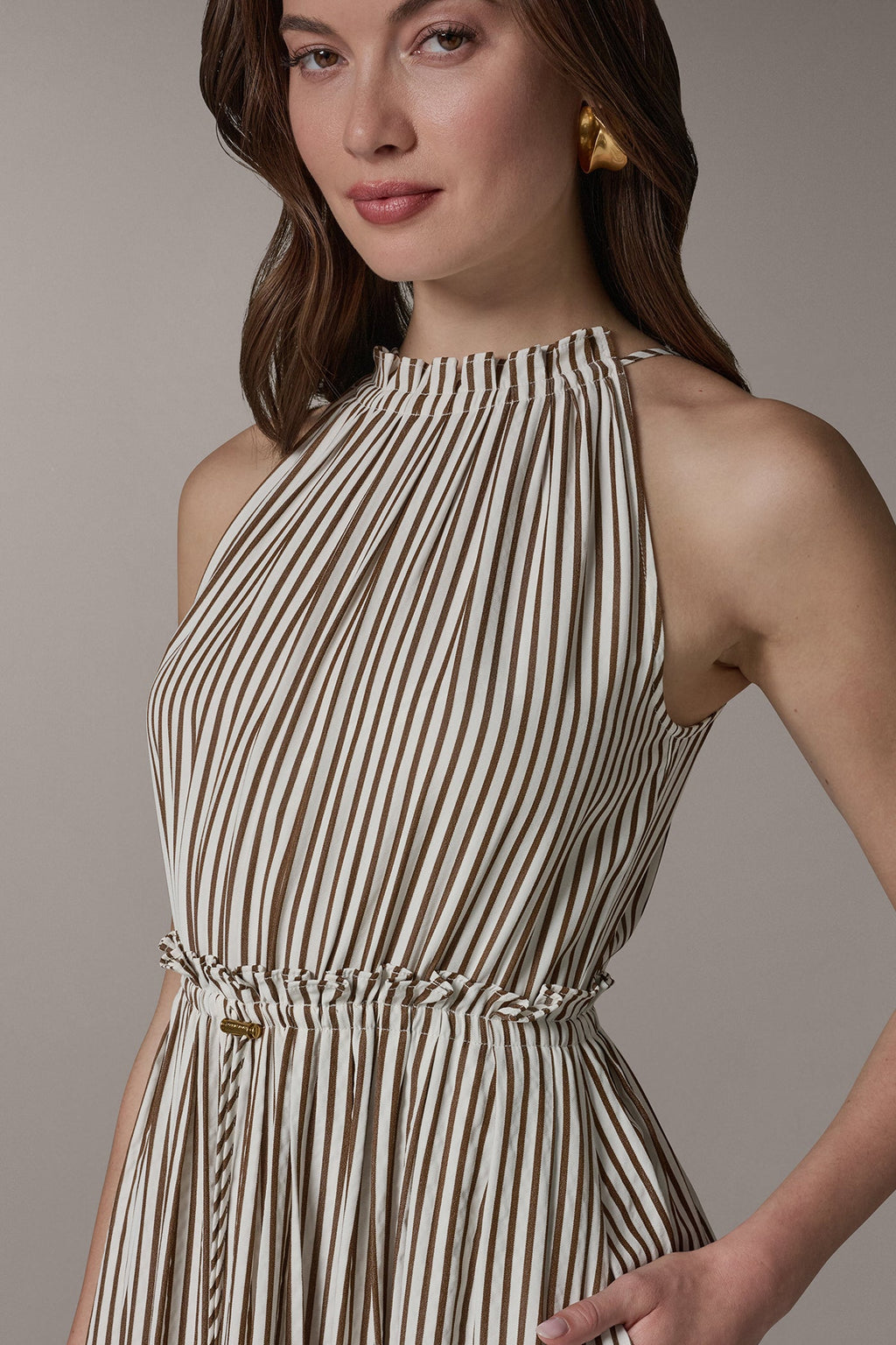 SLEEVELESS DRAWSTRING WAIST MIDI HALTER DRESS