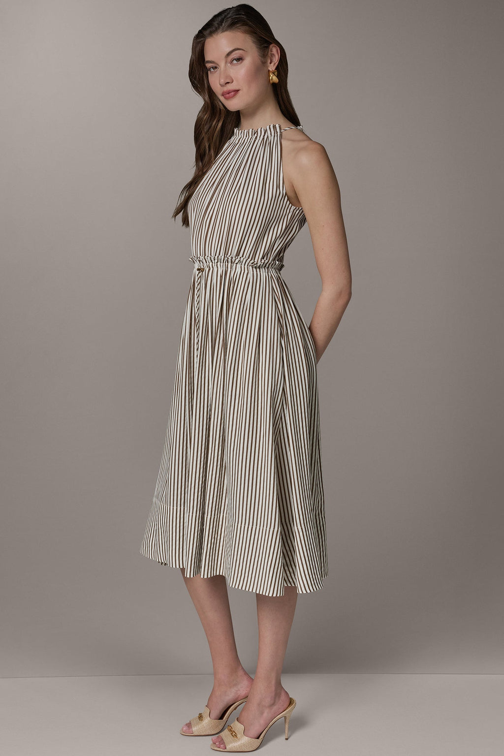 SLEEVELESS DRAWSTRING WAIST MIDI HALTER DRESS
