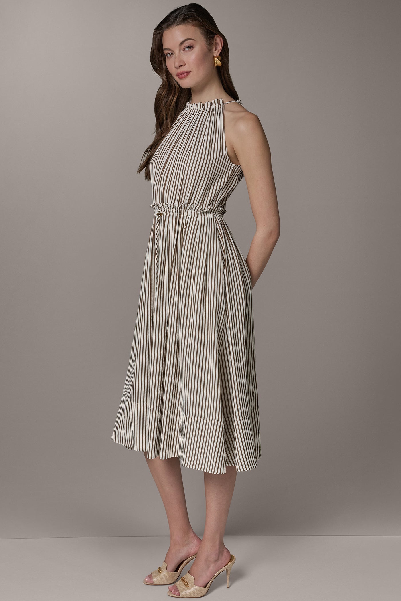 SLEEVELESS DRAWSTRING WAIST MIDI HALTER DRESS
