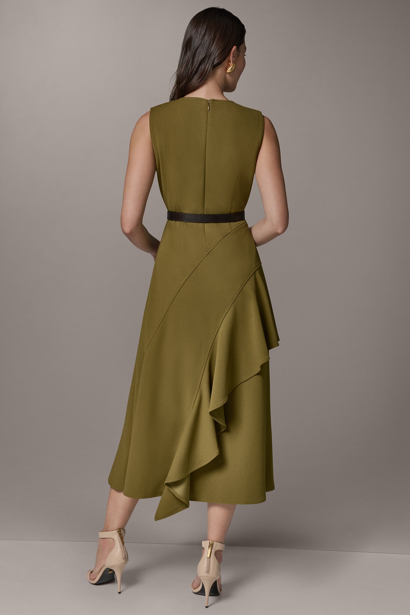 SLEEVELESS RUFFLE MIDI HI-LOW DRESS