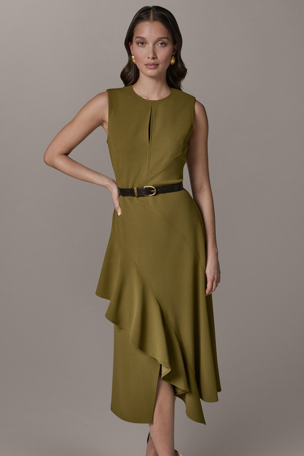 SLEEVELESS RUFFLE MIDI HI-LOW DRESS