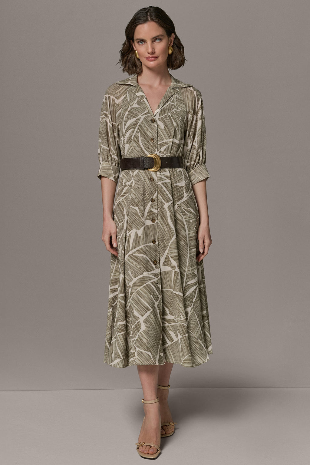ABSTRACT BELTED A LINE MIDI SHIRT DRESS